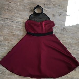 ModCloth high neck mesh and burgundy swing dress